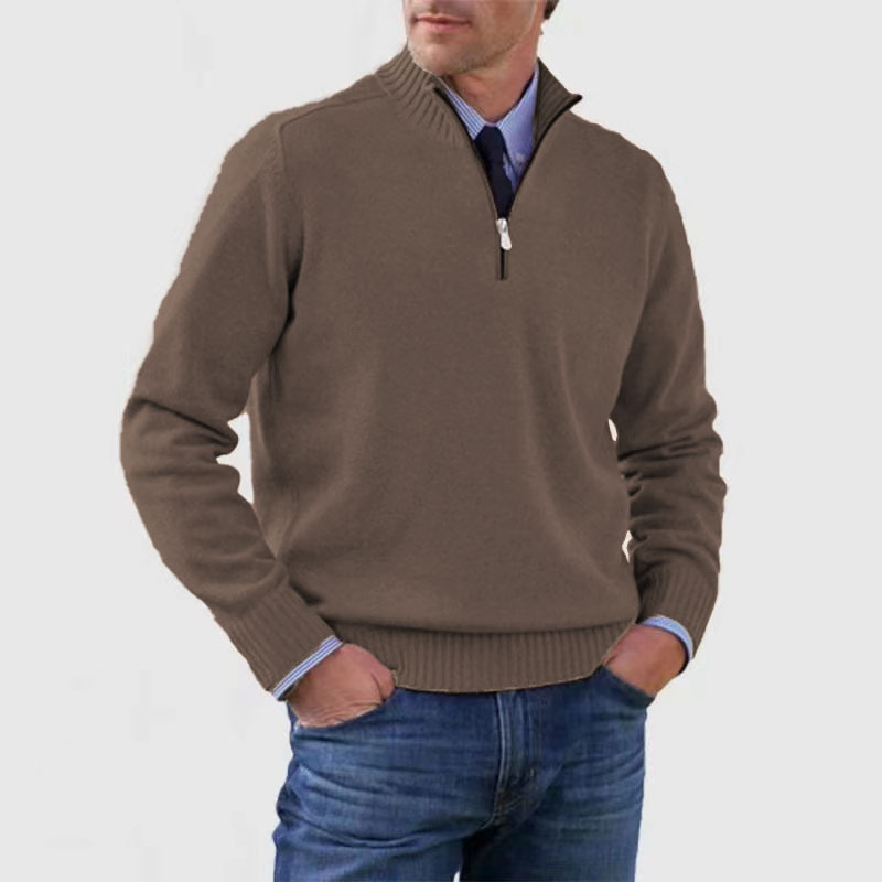 Quarter Zip Jumper - Men's Knitted Long Sleeve Pullover-Men's Half Zip Pullover-Chaps London-Brown-M-Chaps London