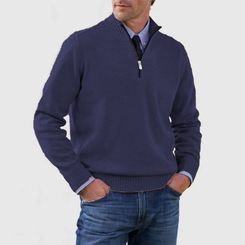 Quarter Zip Jumper - Men's Knitted Long Sleeve Pullover-Men's Half Zip Pullover-Chaps London-Navy Blue-M-Chaps London