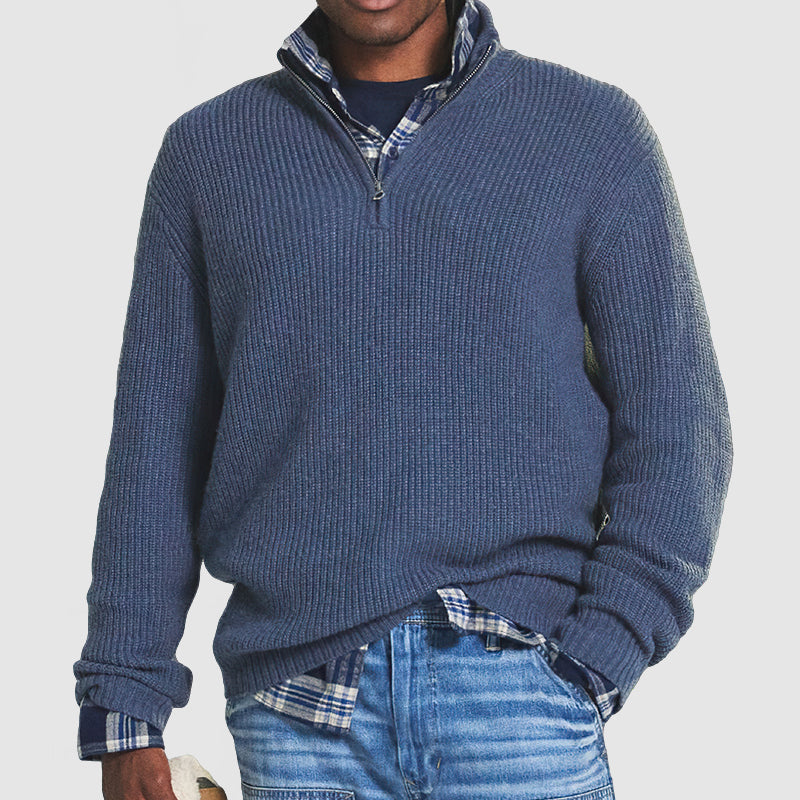 Quarter Zip Jumper - Men's Knitted Loose Fit Pullover-Men's Quarter Zip Sweaters-Chaps London-Blue-S-Chaps London