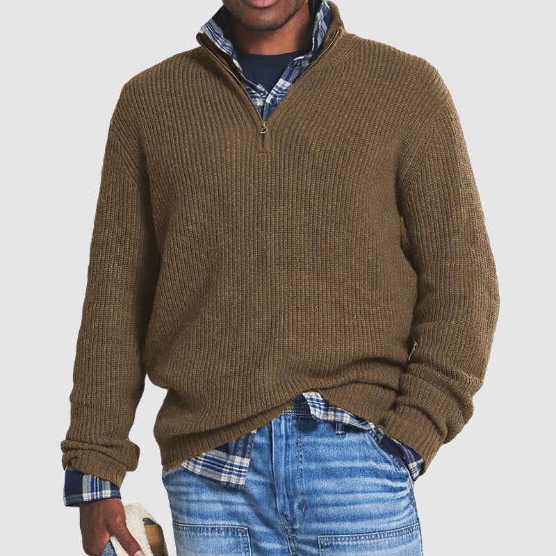 Quarter Zip Jumper - Men's Knitted Loose Fit Pullover-Men's Quarter Zip Sweaters-Chaps London-Brown-S-Chaps London