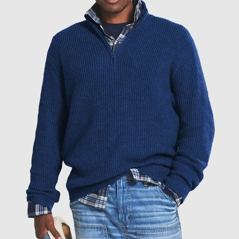 Quarter Zip Jumper - Men's Knitted Loose Fit Pullover-Men's Quarter Zip Sweaters-Chaps London-Dark Blue-S-Chaps London