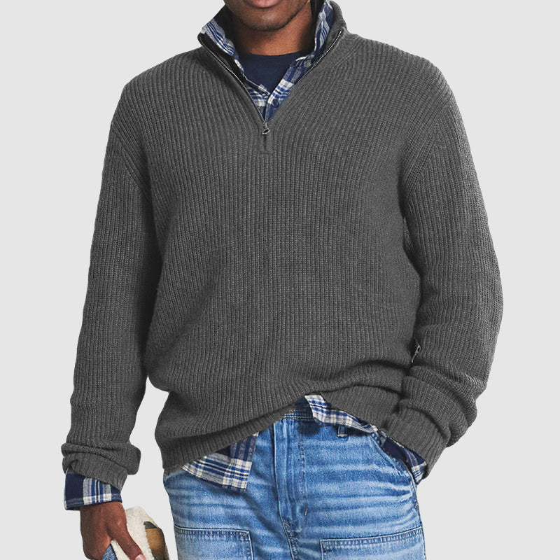 Quarter Zip Jumper - Men's Knitted Loose Fit Pullover-Men's Quarter Zip Sweaters-Chaps London-Gray-S-Chaps London