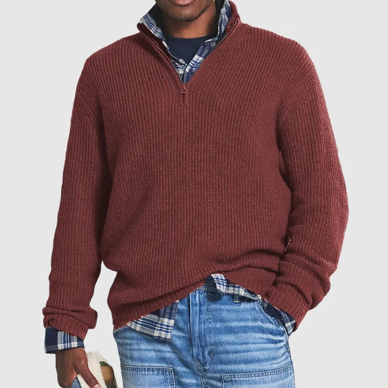 Quarter Zip Jumper - Men's Knitted Loose Fit Pullover-Men's Quarter Zip Sweaters-Chaps London-Wine Red-S-Chaps London