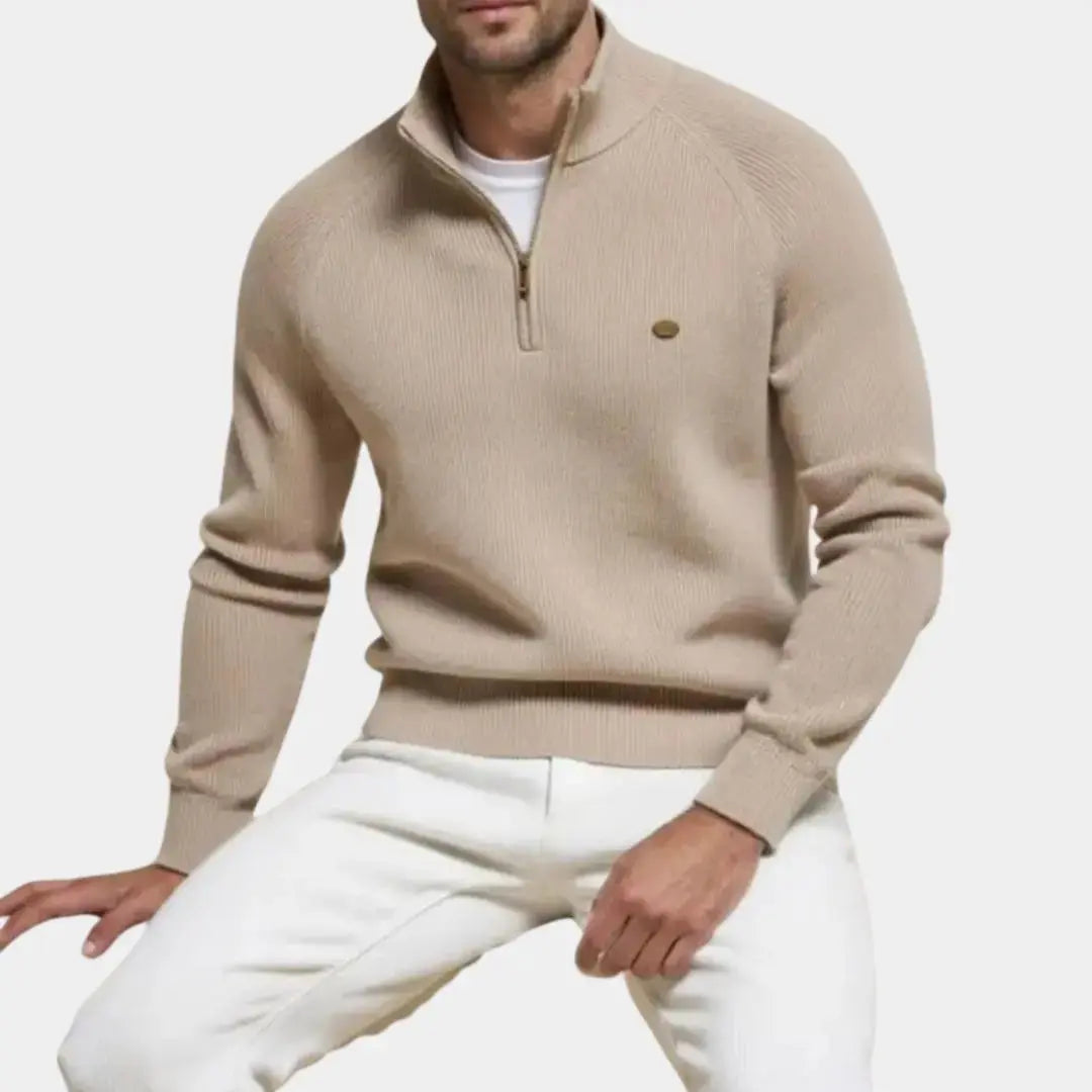 Quarter Zip Jumper - Men's Knitted Zip Neck Jumper-Half-Zip Sweater-Chaps London-Khaki-S-Chaps London