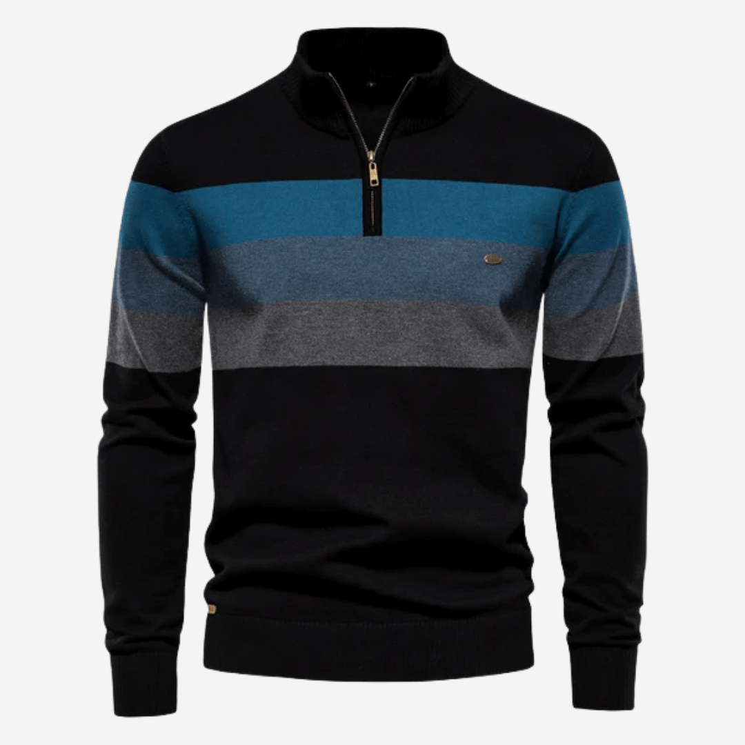 Quarter Zip Jumper - Men's Striped Knitted Pullover-Strickwaren-Chaps London-Black-S-Chaps London