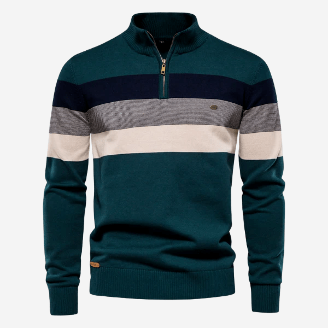 Quarter Zip Jumper - Men's Striped Knitted Pullover-Strickwaren-Chaps London-Green-S-Chaps London
