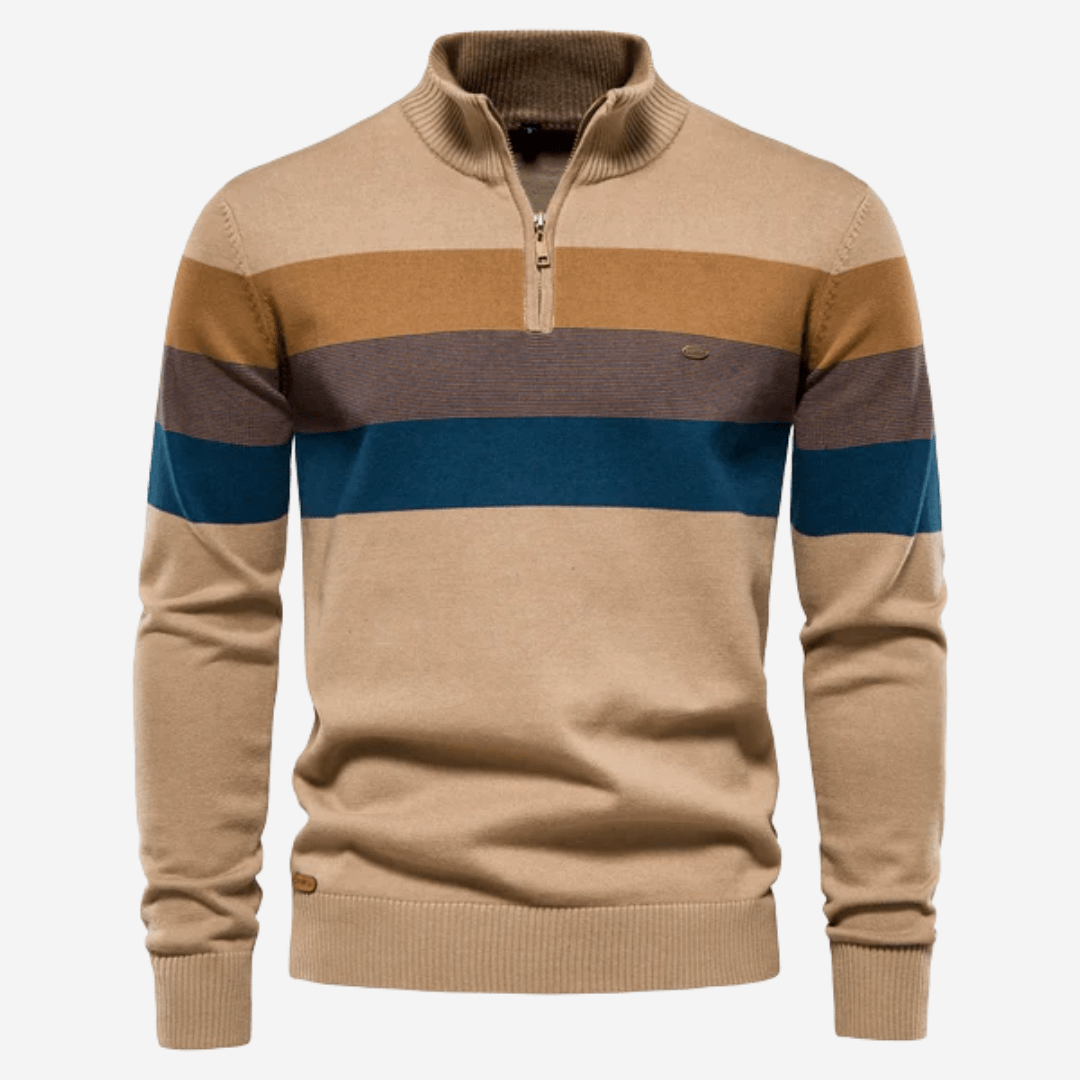 Quarter Zip Jumper - Men's Striped Knitted Pullover-Strickwaren-Chaps London-Khaki-S-Chaps London