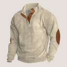 Cream ribbed knit quarter-zip sweater with brown leather elbow patches, worn | Chaps London