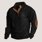 Black ribbed quarter-zip sweater with tan elbow patches, mannequin display | Chaps London