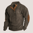 Gray ribbed quarter-zip sweater with tan elbow patches, on mannequin | Chaps London