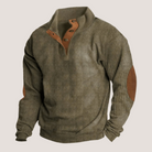 Olive ribbed knit quarter-zip sweater with tan suede elbow patches on mannequin | Chaps London