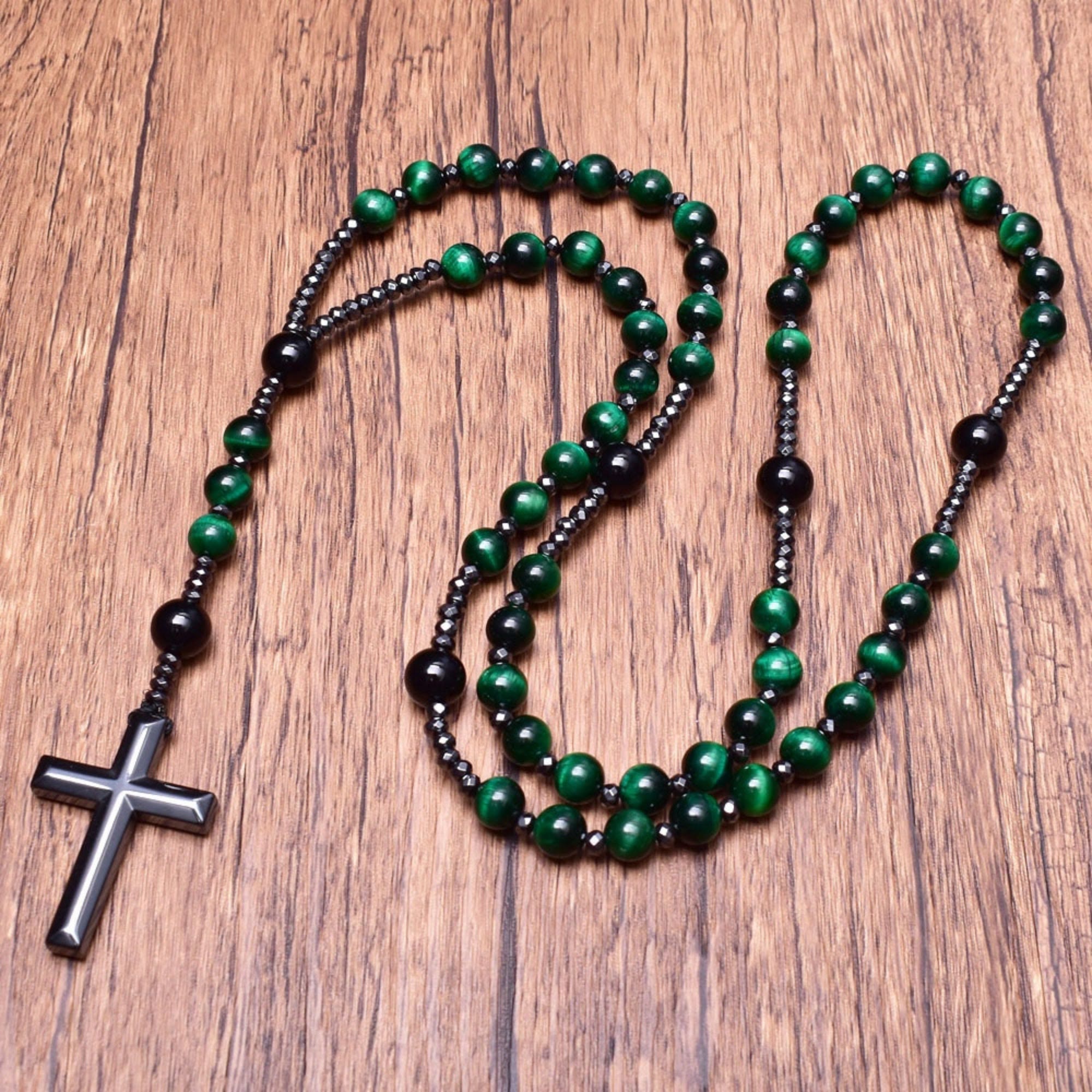 Rosary Necklace - Men's Cross Tiger Eye Lapis Beads-Necklace-Chaps London-Chaps London