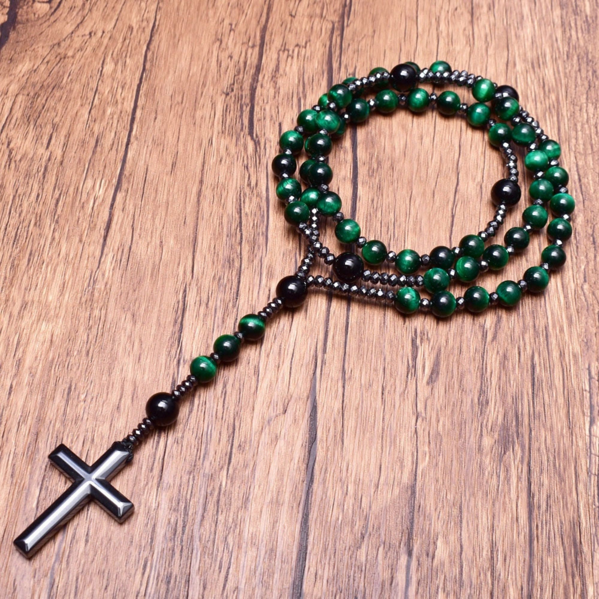 Rosary Necklace - Men's Cross Tiger Eye Lapis Beads-Necklace-Chaps London-Chaps London