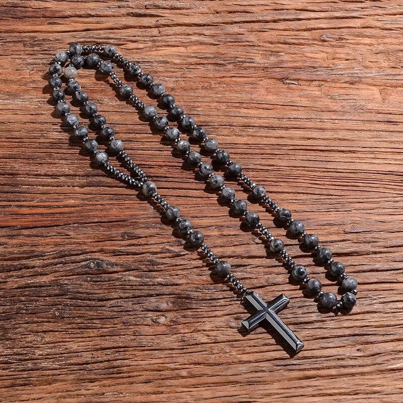 Rosary Necklace - Men's Cross Tiger Eye Lapis Beads-Necklace-Chaps London-Chaps London