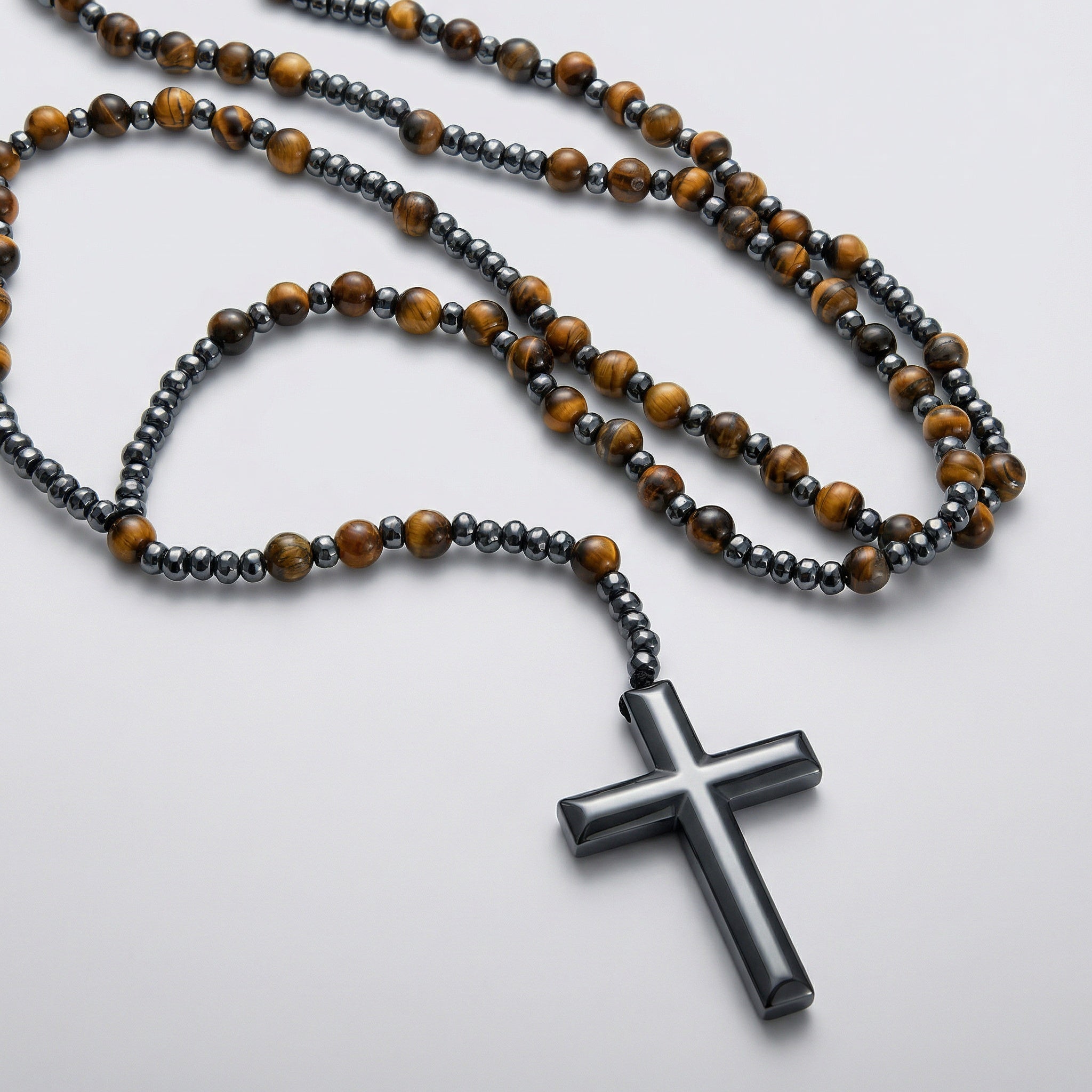 Rosary Necklace - Men's Cross Tiger Eye Lapis Beads-Necklace-Chaps London-Chaps London