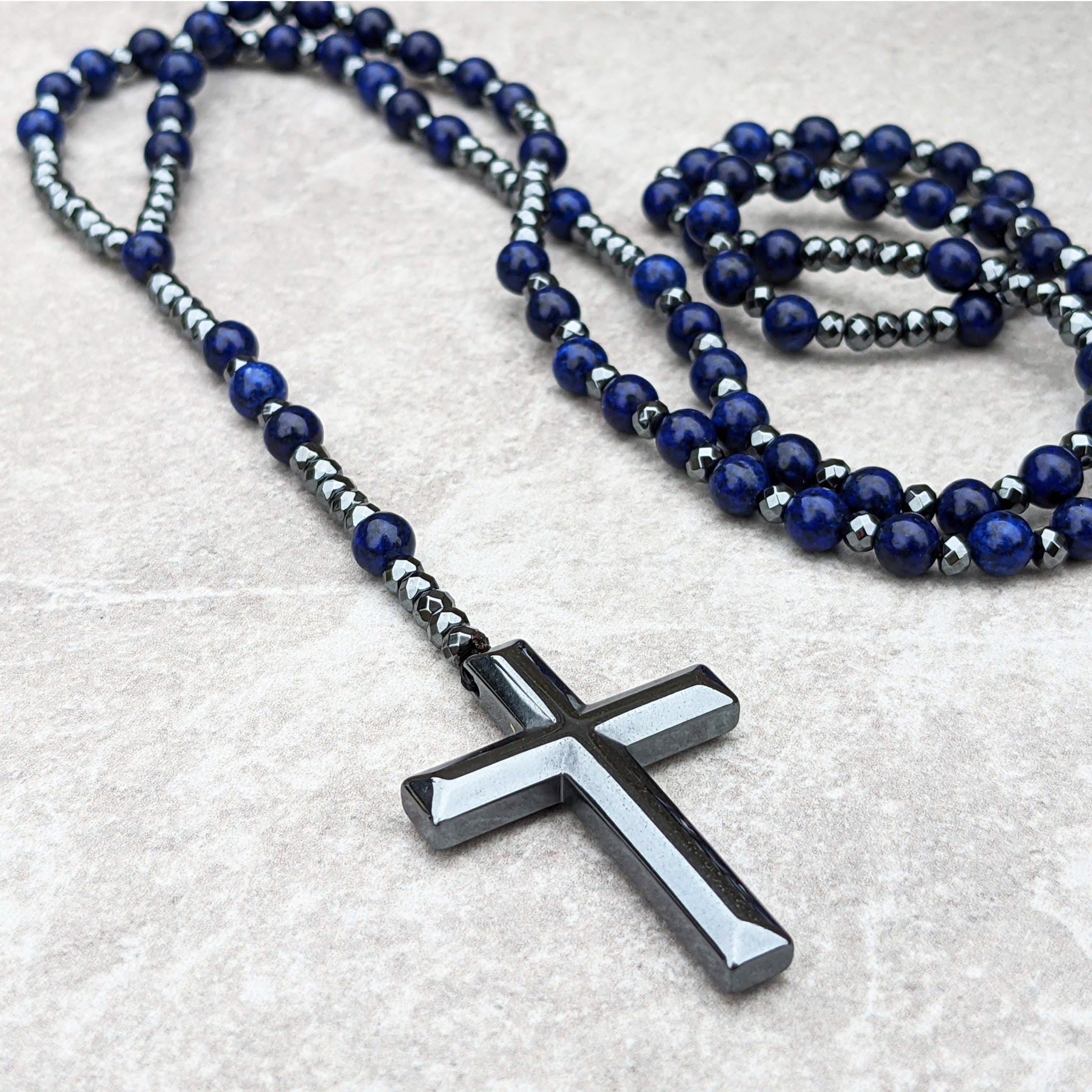 Rosary Necklace - Men's Cross Tiger Eye Lapis Beads-Necklace-Chaps London-Chaps London