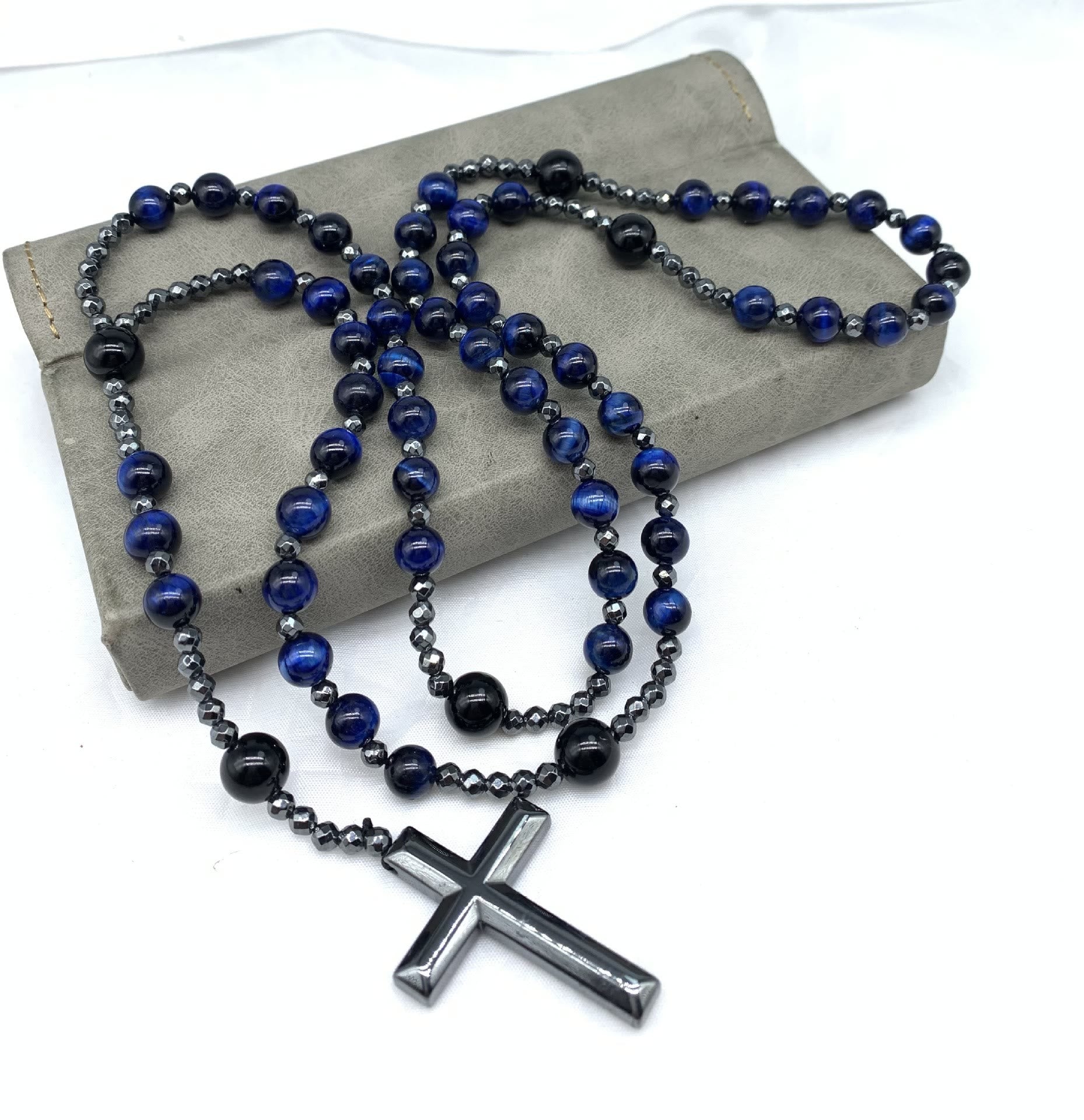 Rosary Necklace - Men's Cross Tiger Eye Lapis Beads-Necklace-Chaps London-Chaps London