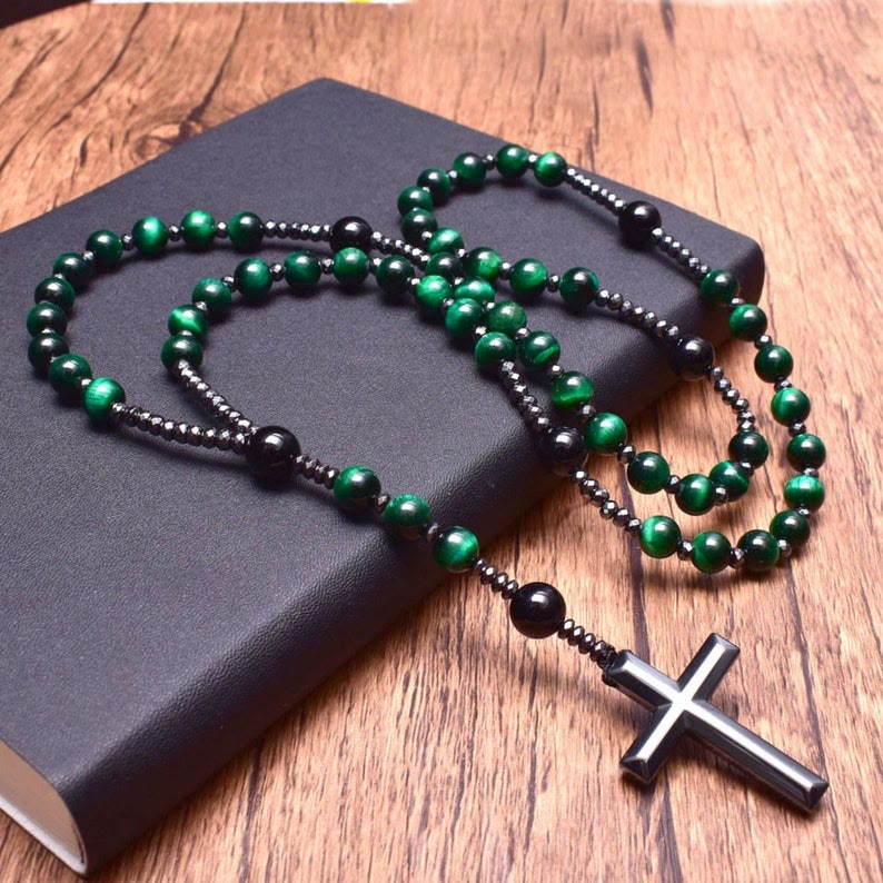 Rosary Necklace - Men's Cross Tiger Eye Lapis Beads-Necklace-Chaps London-Green Tiger's Eye-Chaps London
