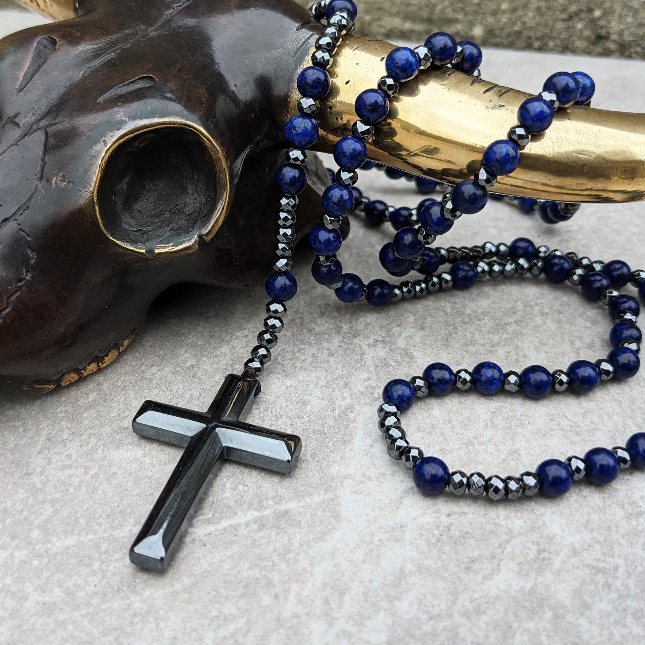 Rosary Necklace - Men's Cross Tiger Eye Lapis Beads-Necklace-Chaps London-Lapis Lazuli-Chaps London