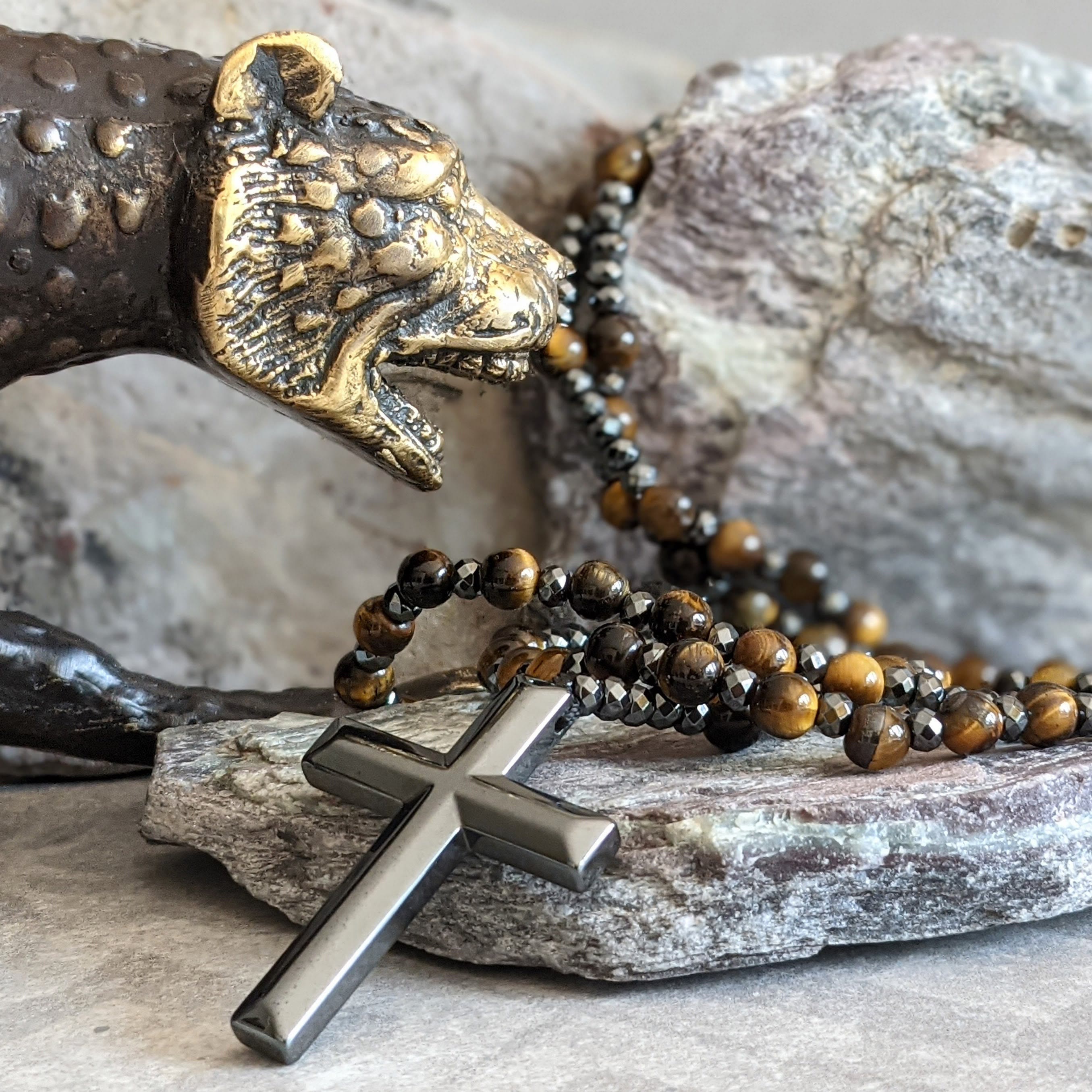 Rosary Necklace - Men's Cross Tiger Eye Lapis Beads-Necklace-Chaps London-Tiger's Eye-Chaps London