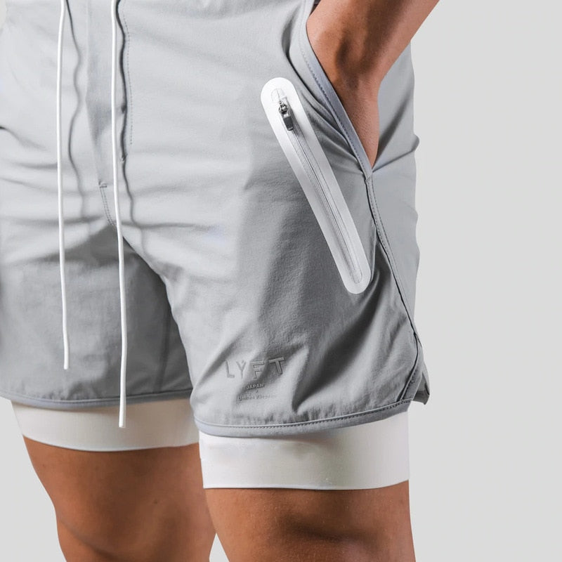 Running Shorts - Men's 2-in-1 Sport Gym Shorts with Pockets-Chaps London-Grey with logo-M-Chaps London