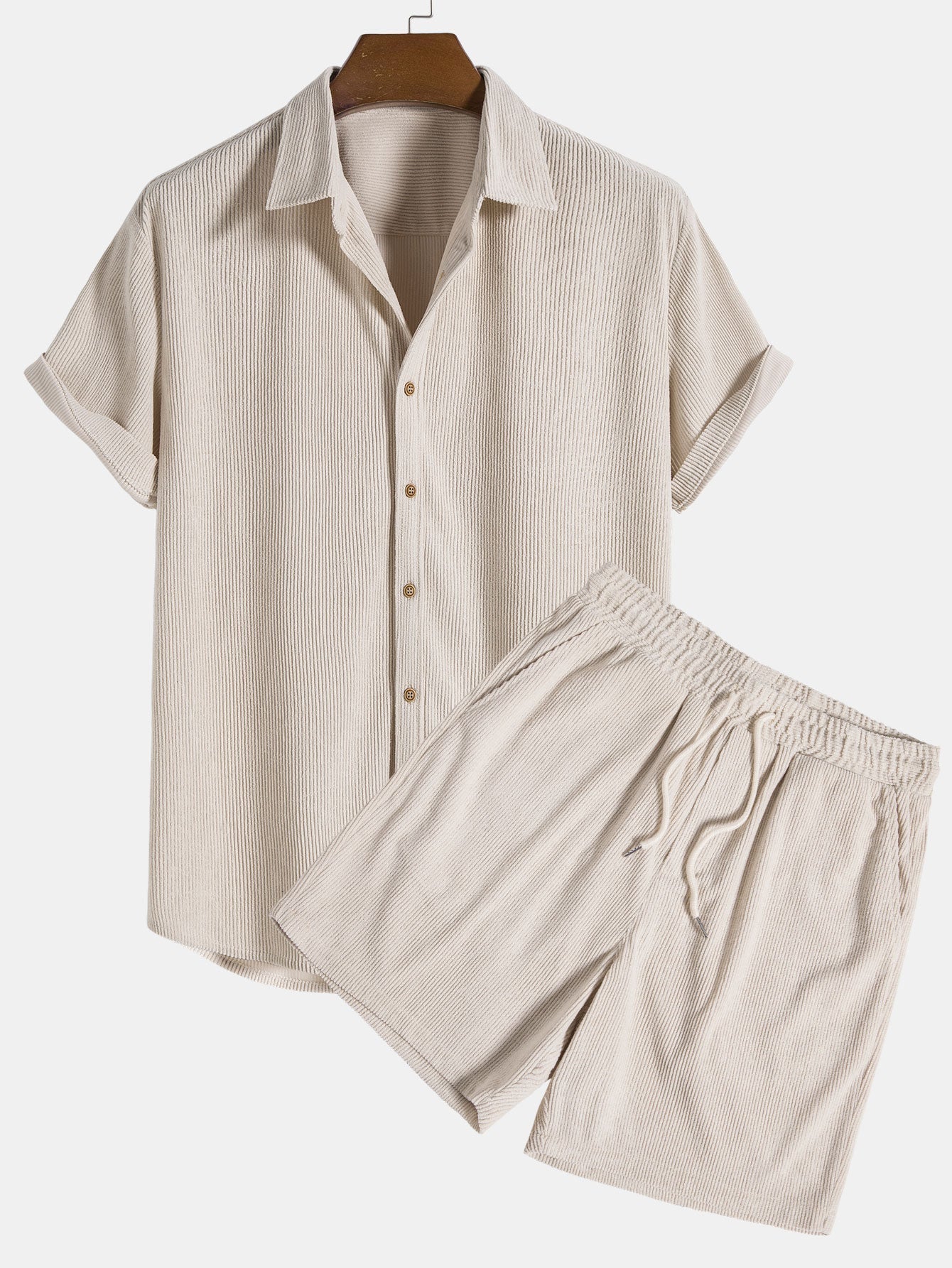 Shirt and Shorts Set - Men's Short Sleeve Button-Up Two-Piece Set-Two piece set-Chaps London-Beige-S-Chaps London