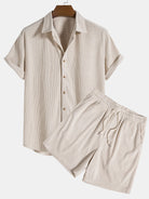 Shirt and Shorts Set - Men's Short Sleeve Button-Up Two-Piece Set-Two piece set-Chaps London-Beige-S-Chaps London