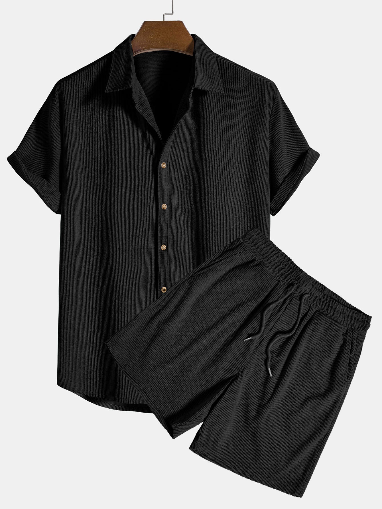 Shirt and Shorts Set - Men's Short Sleeve Button-Up Two-Piece Set-Two piece set-Chaps London-Black-S-Chaps London