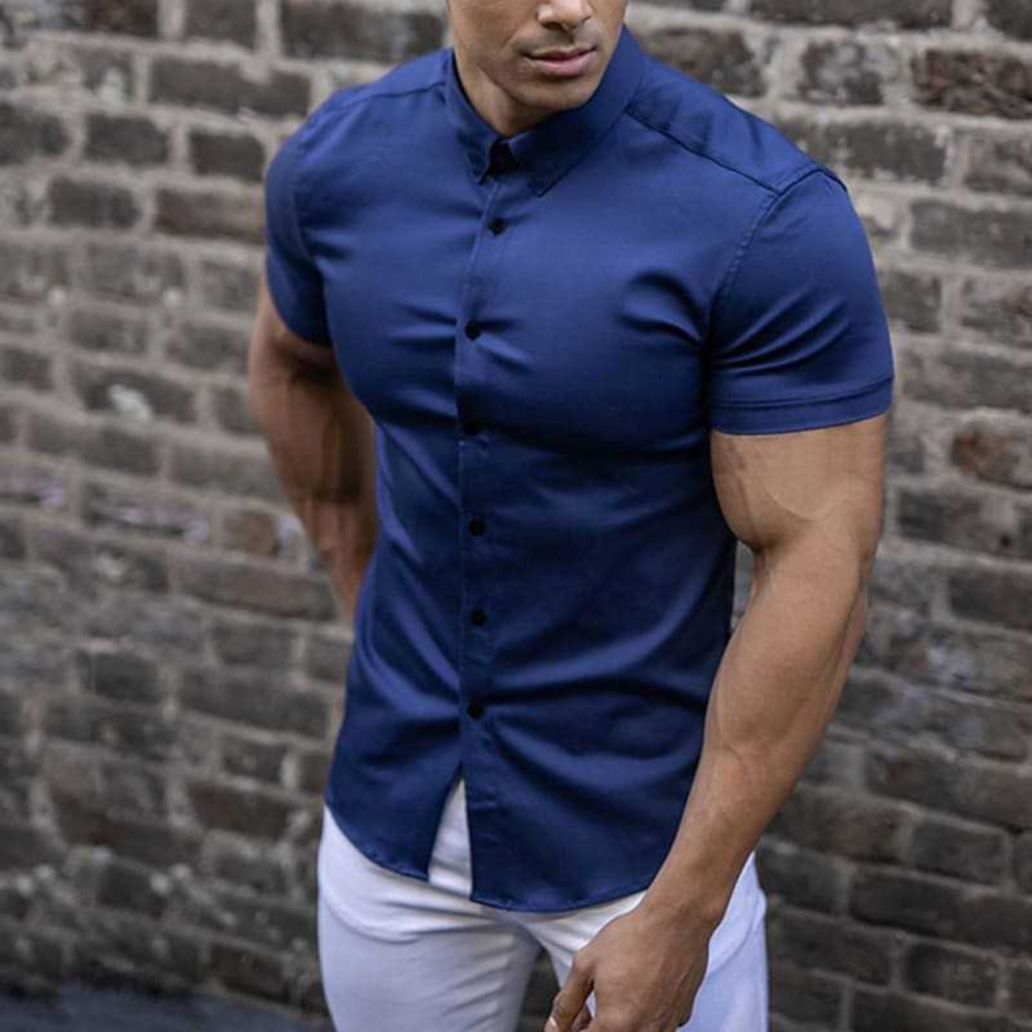 Short Sleeve Dress Shirt - Button-Up - Collared - Short Sleeve Shirt - Men's Shirts-Shirt-Chaps London-Blue-M-Chaps London