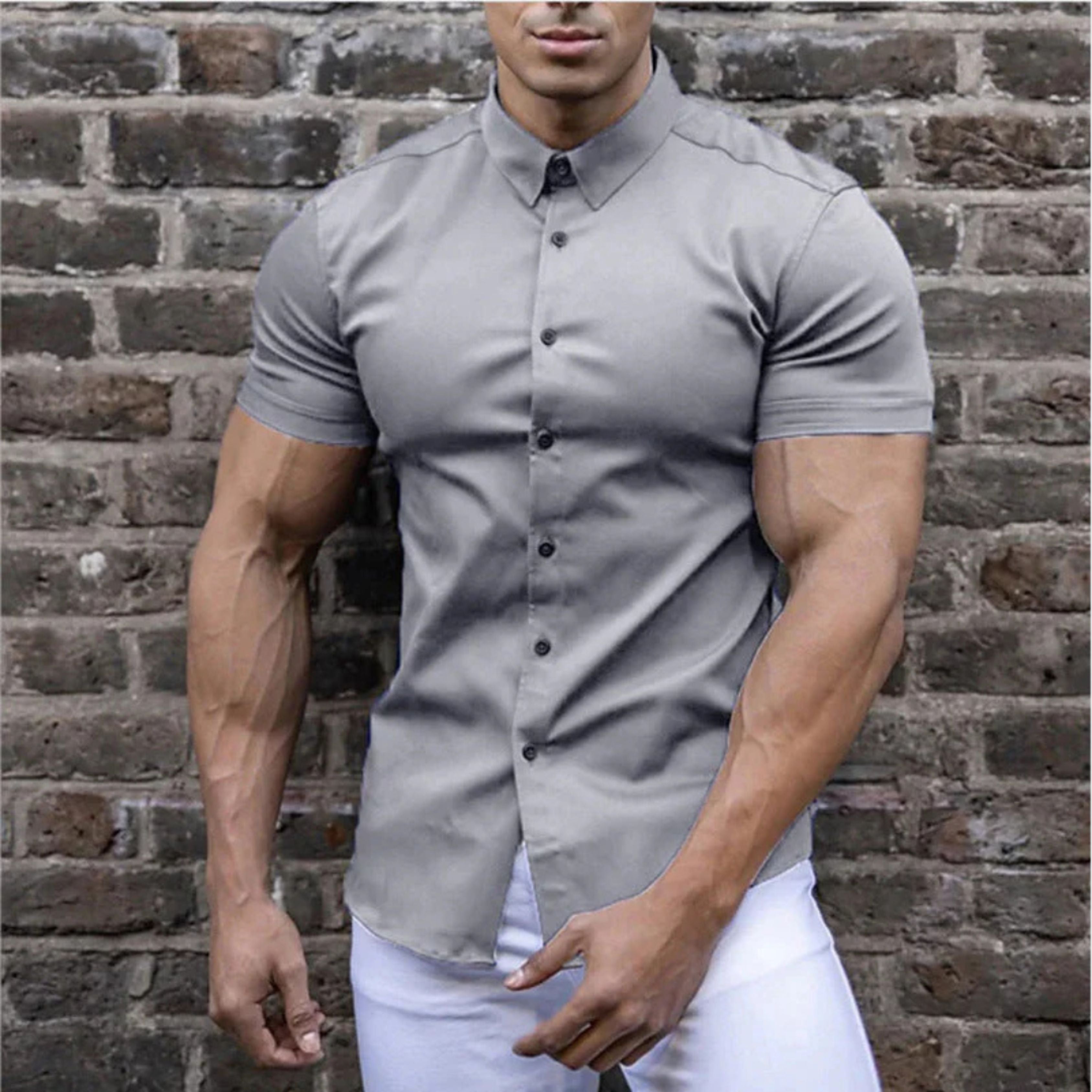 Short Sleeve Dress Shirt - Button-Up - Collared - Short Sleeve Shirt - Men's Shirts-Shirt-Chaps London-Gray-M-Chaps London