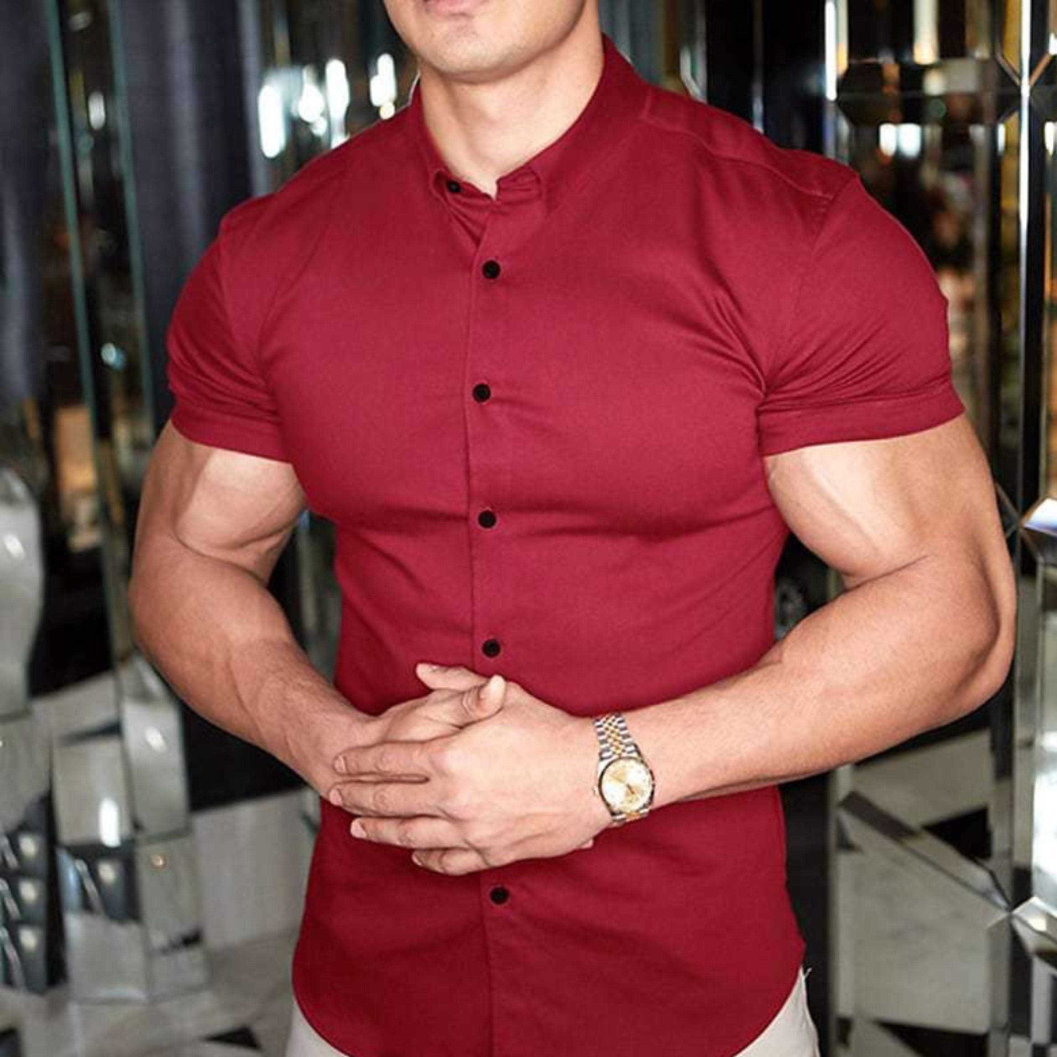 Short Sleeve Dress Shirt - Button-Up - Collared - Short Sleeve Shirt - Men's Shirts-Shirt-Chaps London-Red-M-Chaps London