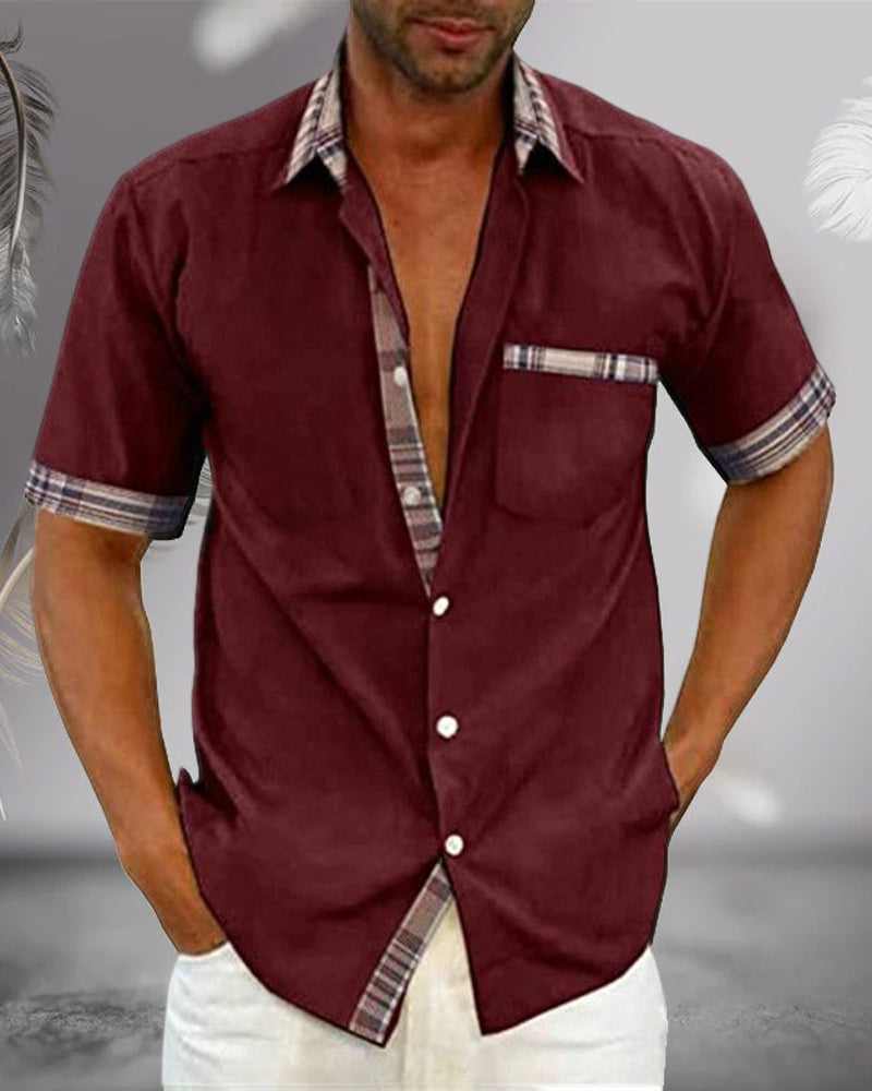Short Sleeve Shirt - Men's Casual Turndown Collar Button-Up Shirt-Blouses & Shirts man-Chaps London-Burgundy-S-Chaps London