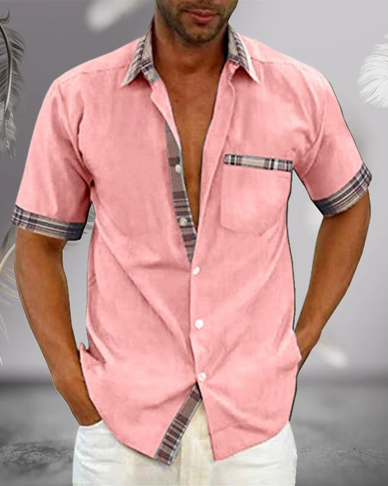 Short Sleeve Shirt - Men's Casual Turndown Collar Button-Up Shirt-Blouses & Shirts man-Chaps London-Pink-S-Chaps London