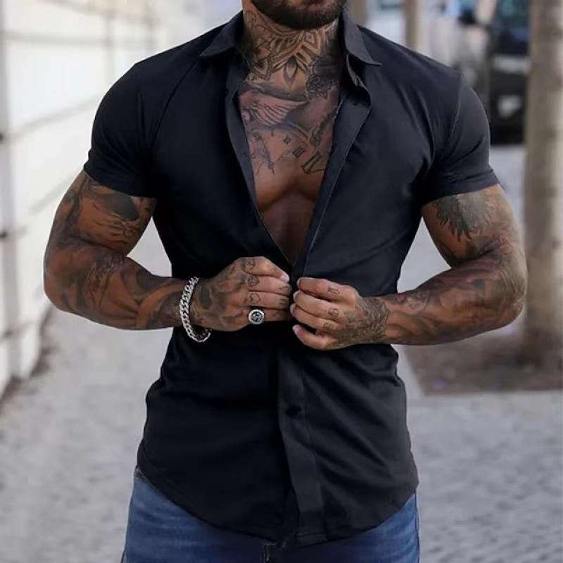 Short Sleeve Shirt - Men's Slim Fit Button-Up Collared Shirt-Chaps London-Black-S-Chaps London
