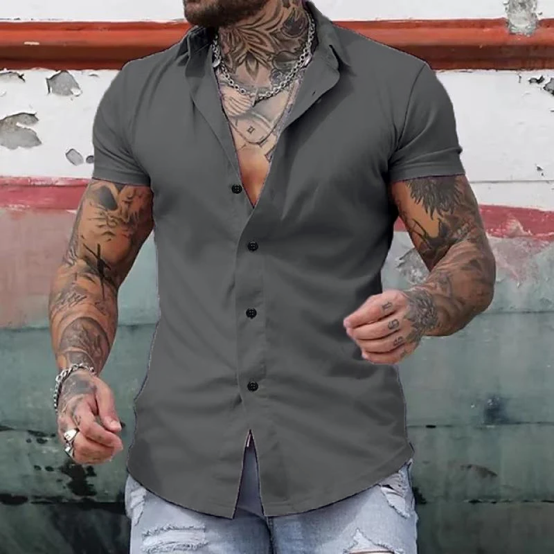 Short Sleeve Shirt - Men's Slim Fit Button-Up Collared Shirt-Chaps London-Gray-S-Chaps London