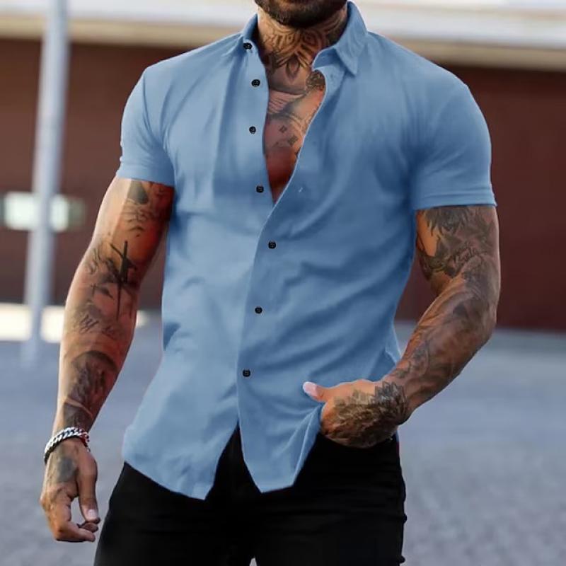 Short Sleeve Shirt - Men's Slim Fit Button-Up Collared Shirt-Chaps London-Light Blue-S-Chaps London