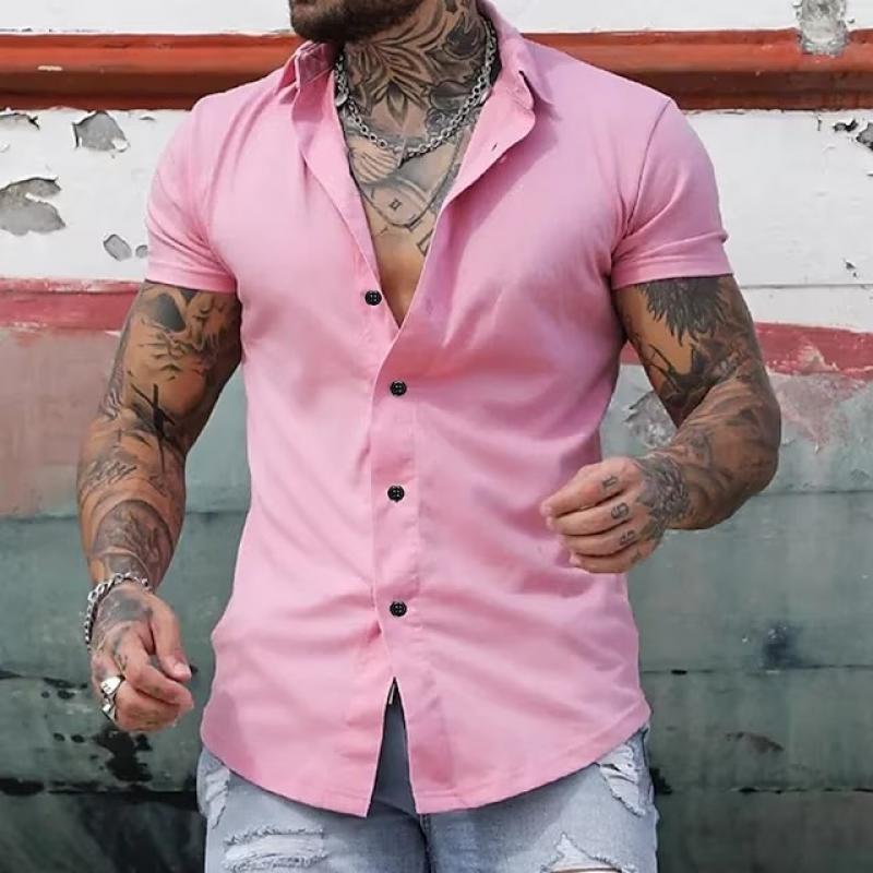 Short Sleeve Shirt - Men's Slim Fit Button-Up Collared Shirt-Chaps London-Pink-S-Chaps London