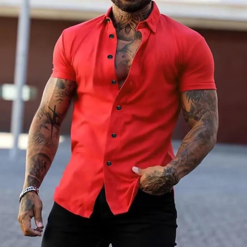 Short Sleeve Shirt - Men's Slim Fit Button-Up Collared Shirt-Chaps London-Red-S-Chaps London