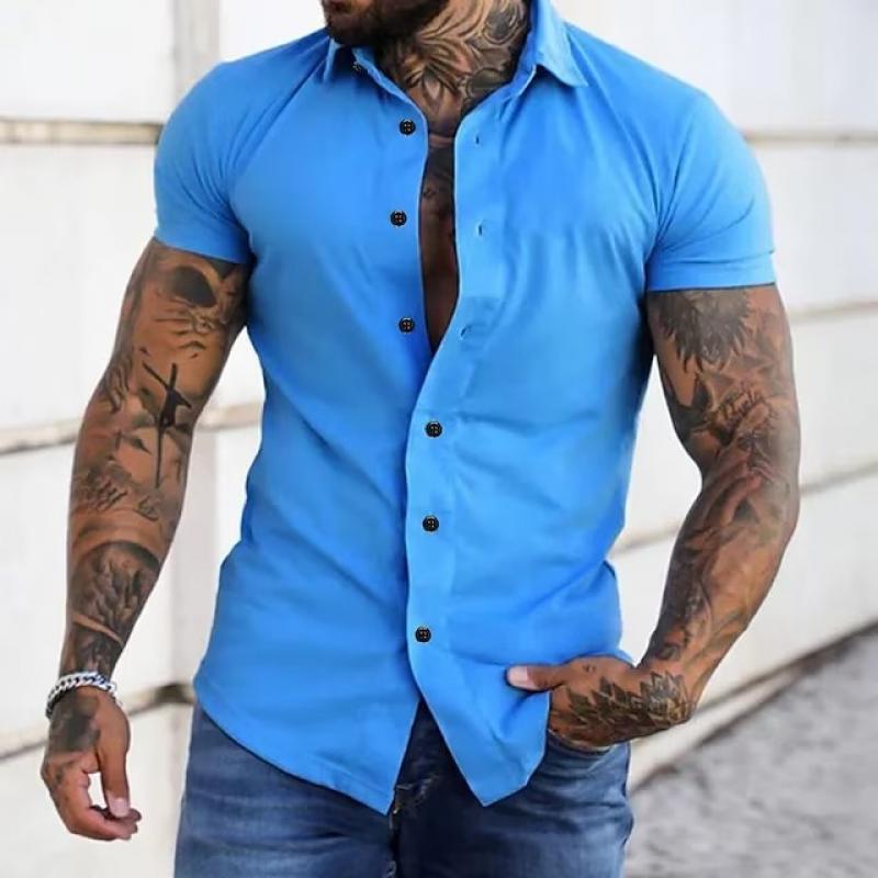 Short Sleeve Shirt - Men's Slim Fit Button-Up Collared Shirt-Chaps London-Royal Blue-S-Chaps London