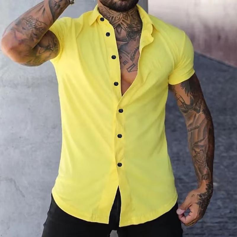 Short Sleeve Shirt - Men's Slim Fit Button-Up Collared Shirt-Chaps London-Yellow-S-Chaps London