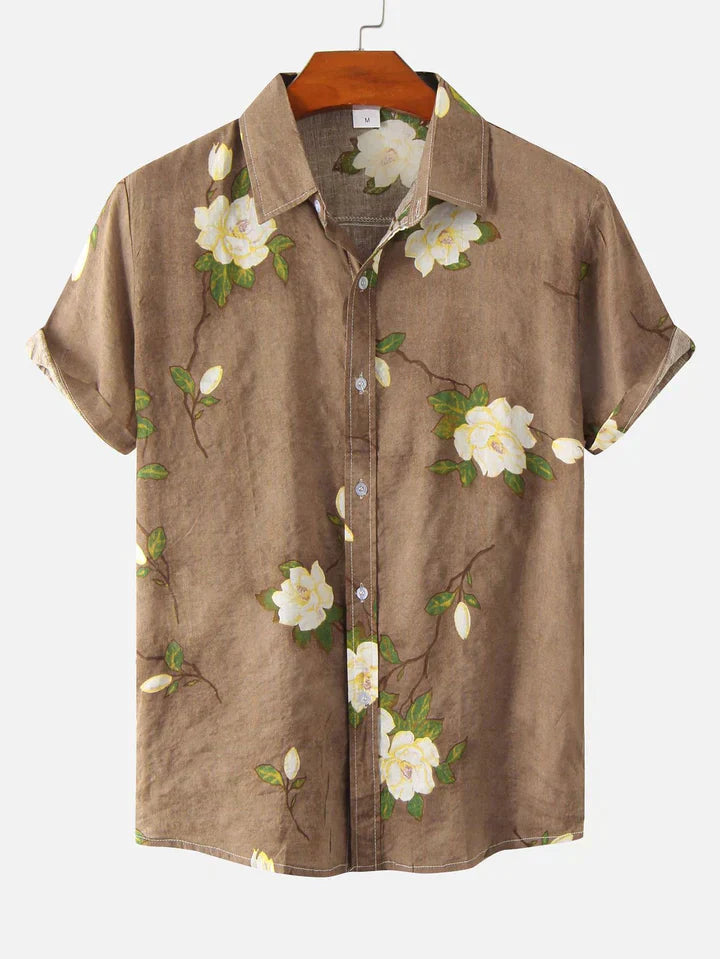 Short Sleeve Shirt - Turn Down Collar - Floral - Button-Up Shirt - Men's Shirts-Shirts-Chaps London-Brown-S-Chaps London