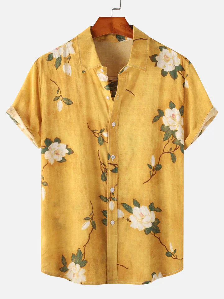 Short Sleeve Shirt - Turn Down Collar - Floral - Button-Up Shirt - Men's Shirts-Shirts-Chaps London-Yellow-S-Chaps London