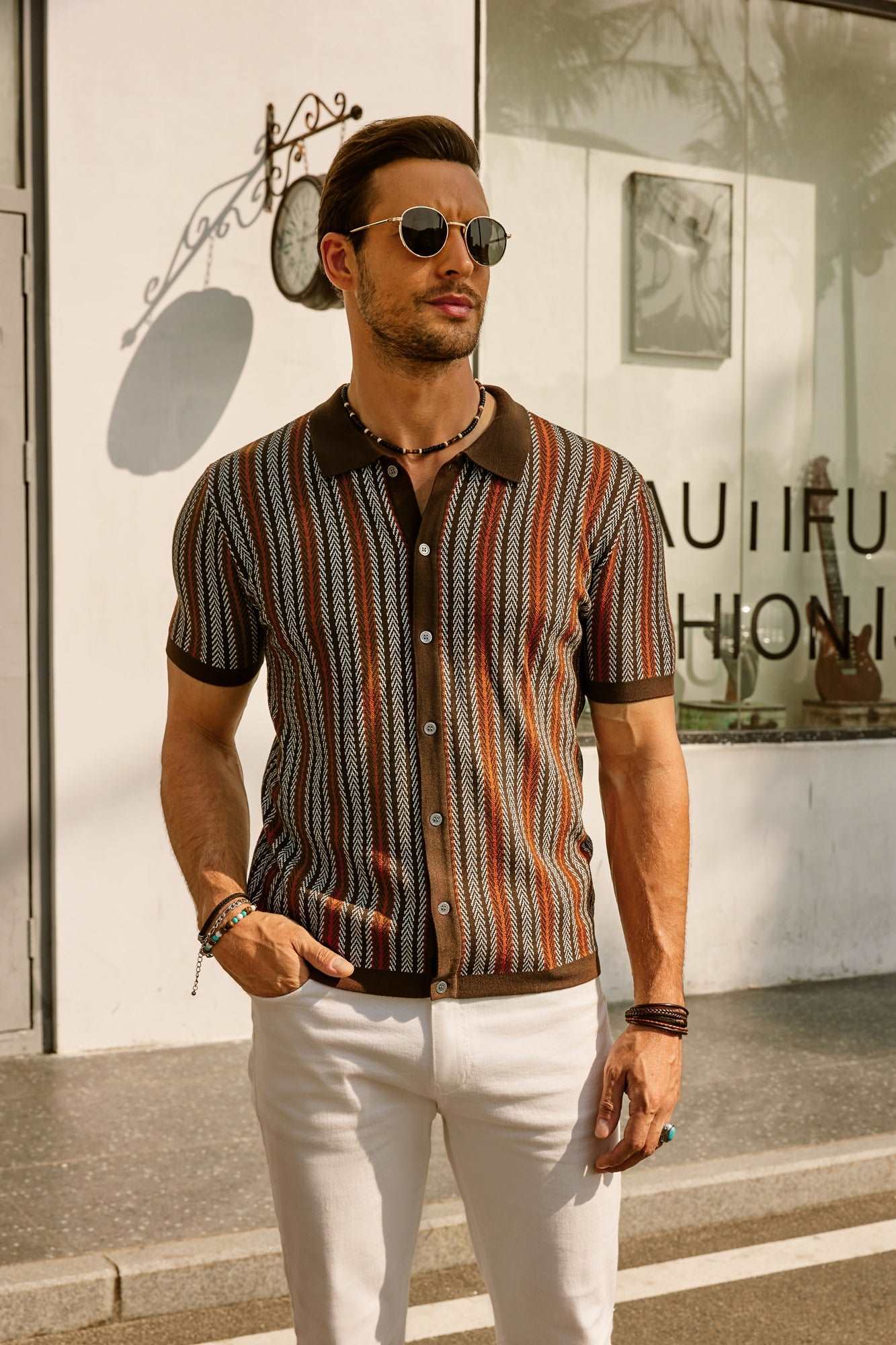 Short Sleeve Shirt | Vintage | Striped | Collared Shirt | Men's Shirts-Chaps London-Brown-S-Chaps London