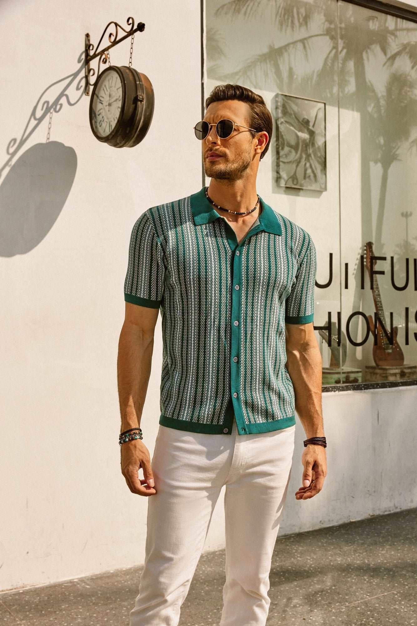 Short Sleeve Shirt | Vintage | Striped | Collared Shirt | Men's Shirts-Chaps London-Green-S-Chaps London