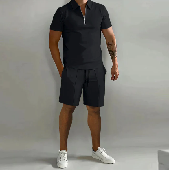 Shorts and Shirt Set | Quarter Zip | Short Sleeve | Two-Piece Set | Men's Summer Clothes-Outfit Sets-Chaps London-Black-S-Chaps London