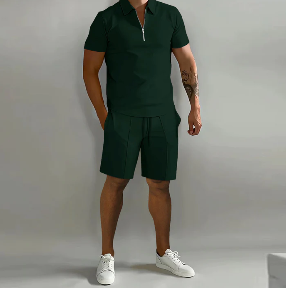 Shorts and Shirt Set | Quarter Zip | Short Sleeve | Two-Piece Set | Men's Summer Clothes-Outfit Sets-Chaps London-Green-S-Chaps London