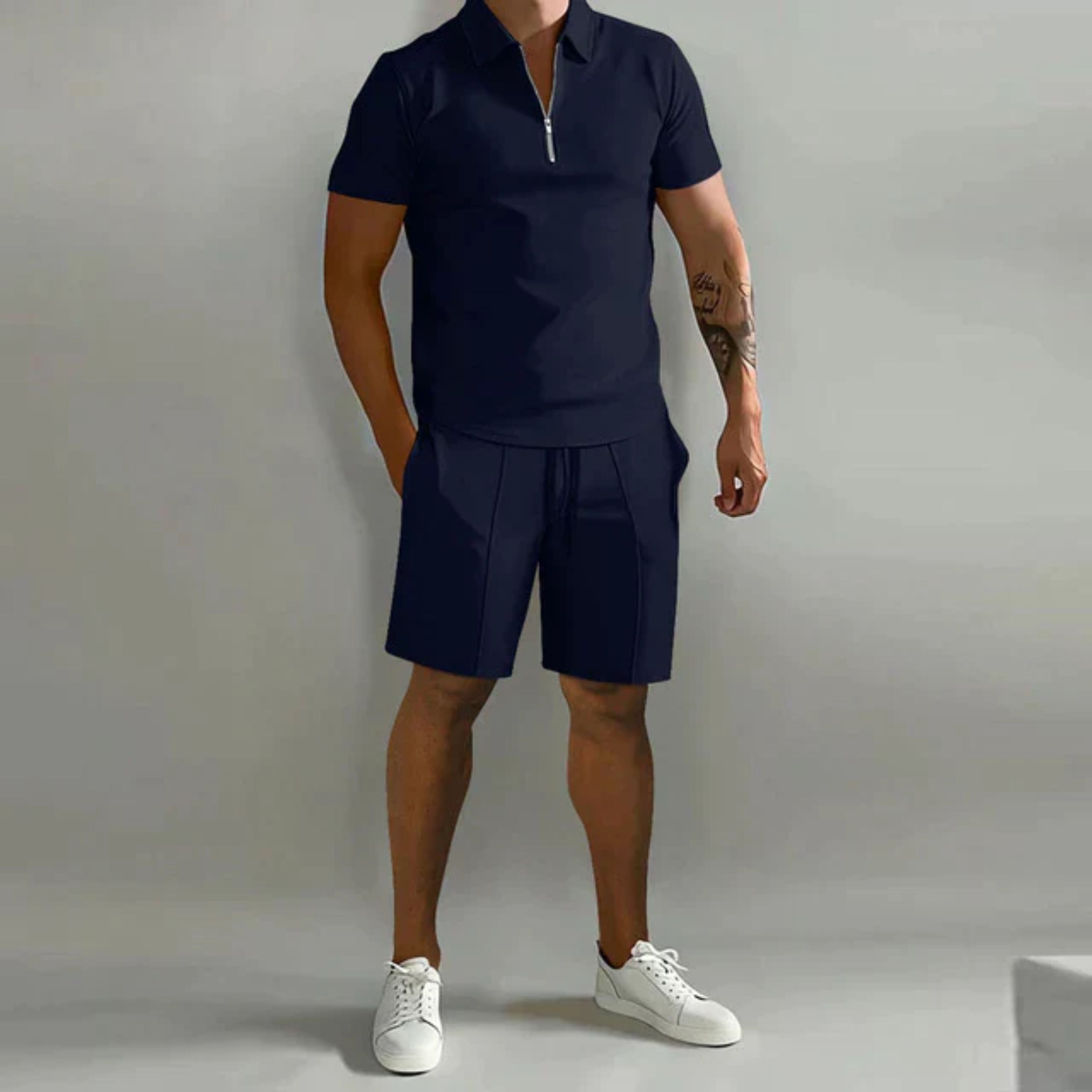 Shorts and Tshirt Set | Quarter Zip | Polo Shirt | Two-Piece Set | Men's Summer Clothes-Co-ord Sets-Chaps London-Dark Blue-S-Chaps London