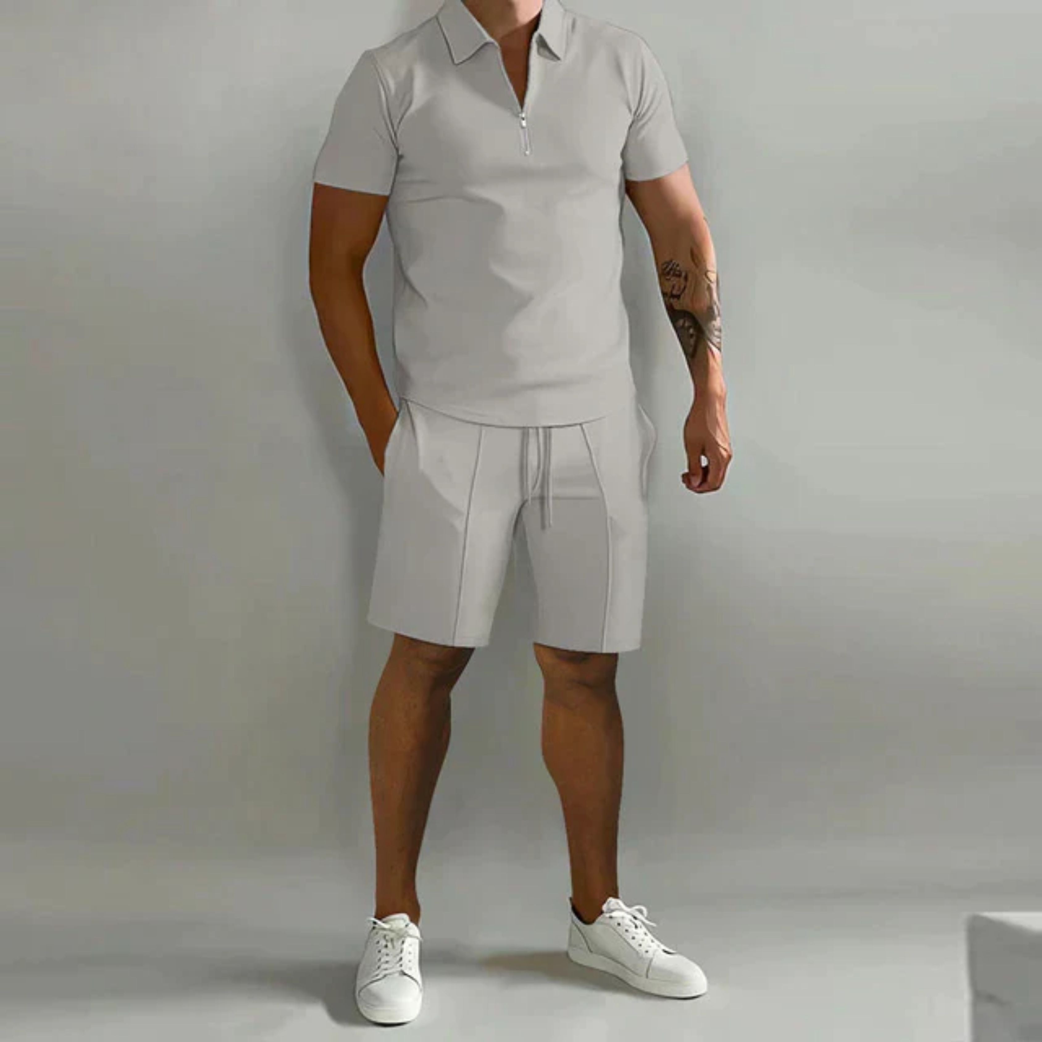 Shorts and Tshirt Set | Quarter Zip | Polo Shirt | Two-Piece Set | Men's Summer Clothes-Co-ord Sets-Chaps London-Gray-S-Chaps London