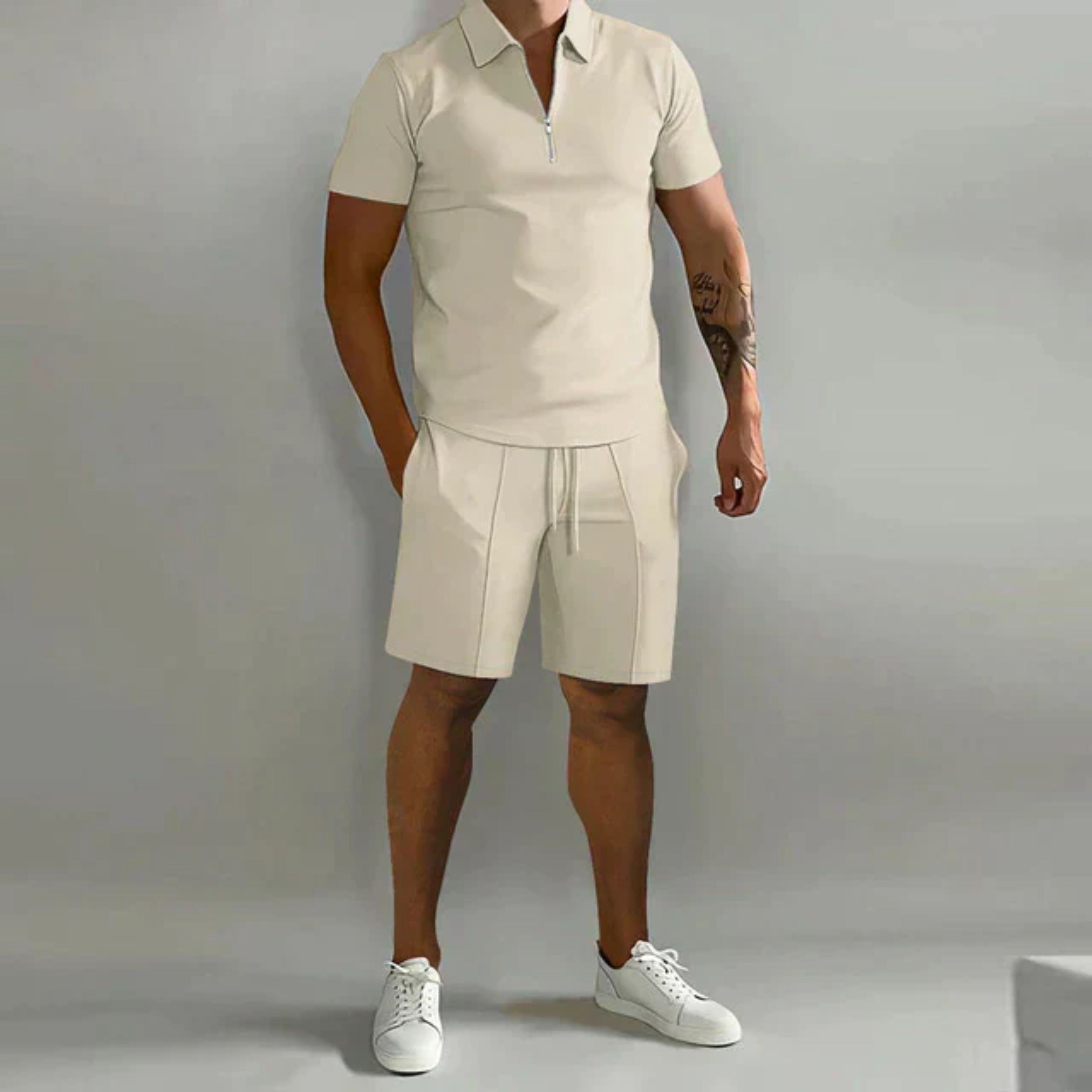 Shorts and Tshirt Set | Quarter Zip | Polo Shirt | Two-Piece Set | Men's Summer Clothes-Co-ord Sets-Chaps London-Khaki-S-Chaps London
