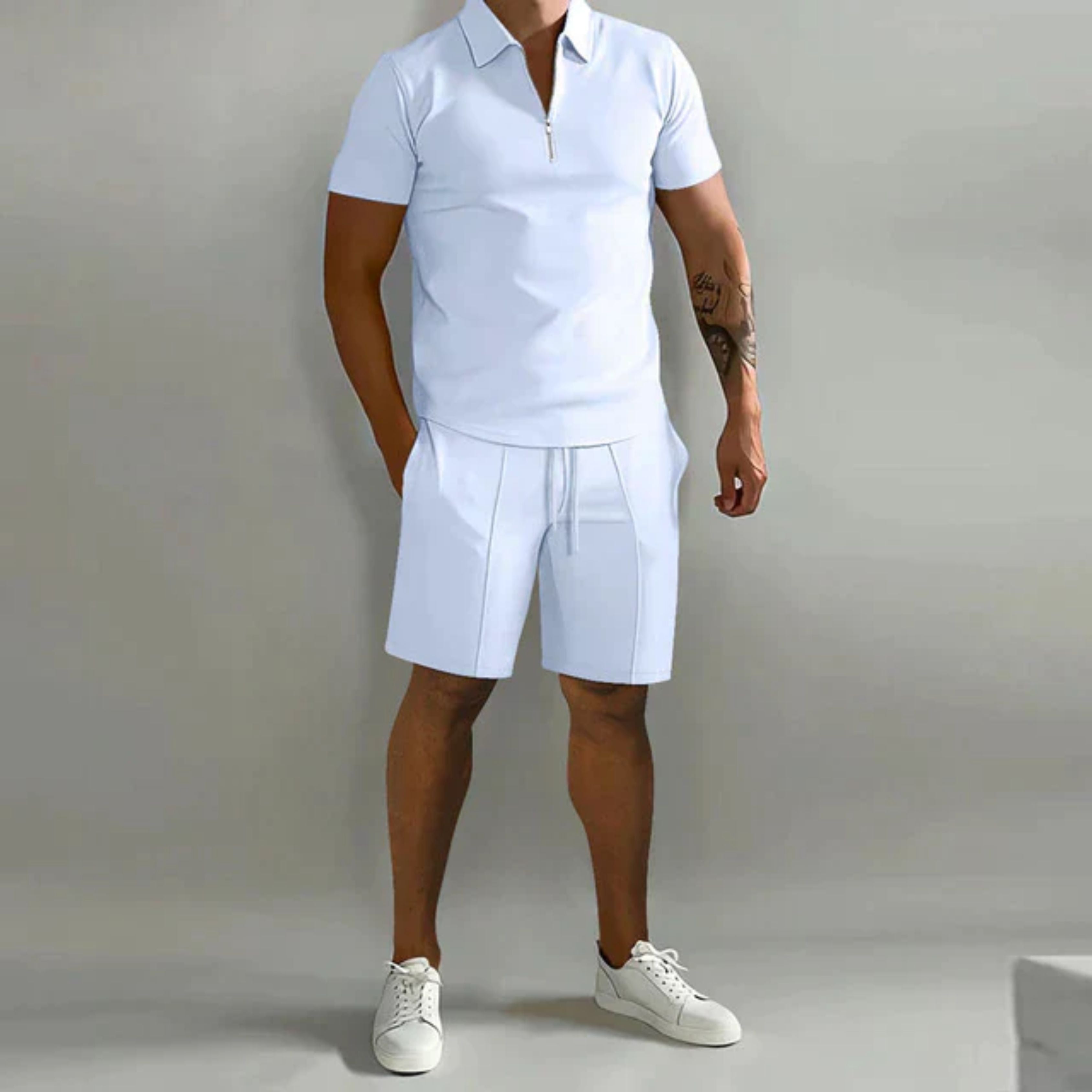 Shorts and Tshirt Set | Quarter Zip | Polo Shirt | Two-Piece Set | Men's Summer Clothes-Co-ord Sets-Chaps London-White-S-Chaps London